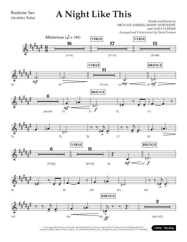 A Night Like This (Choral Anthem SATB) Bari Sax (Lifeway Choral / Arr. Daniel Semsen)