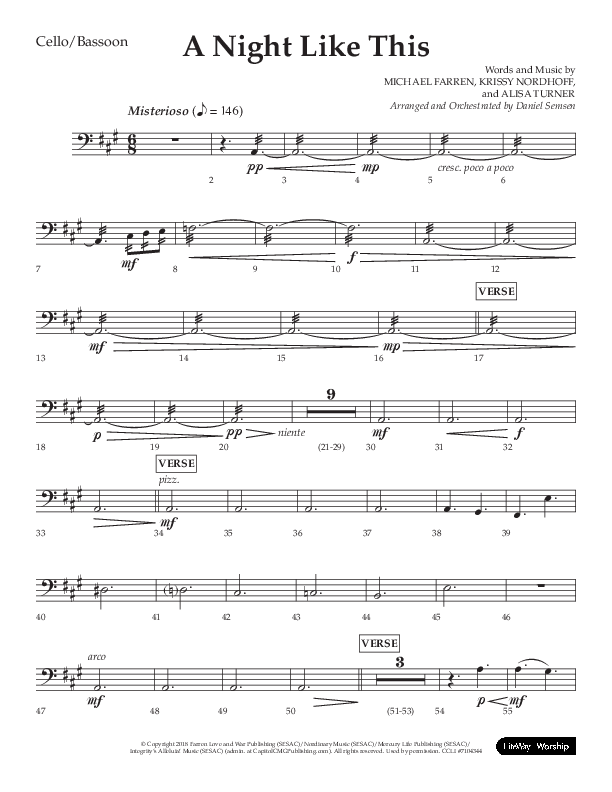 A Night Like This (Choral Anthem SATB) Cello (Lifeway Choral / Arr. Daniel Semsen)