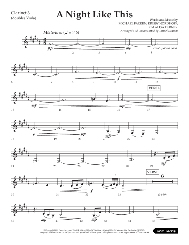A Night Like This (Choral Anthem SATB) Clarinet 3 (Lifeway Choral / Arr. Daniel Semsen)