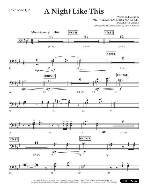 A Night Like This (Choral Anthem SATB) Trombone 1/2 (Lifeway Choral / Arr. Daniel Semsen)