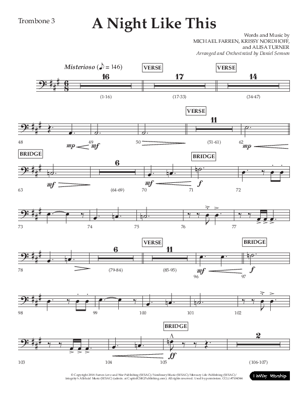 A Night Like This (Choral Anthem SATB) Trombone 3 (Lifeway Choral / Arr. Daniel Semsen)
