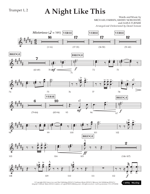 A Night Like This (Choral Anthem SATB) Trumpet 1,2 (Lifeway Choral / Arr. Daniel Semsen)