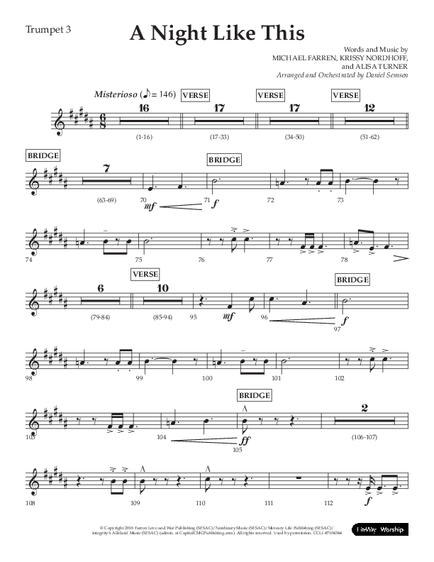 A Night Like This (Choral Anthem SATB) Trumpet 3 (Lifeway Choral / Arr. Daniel Semsen)