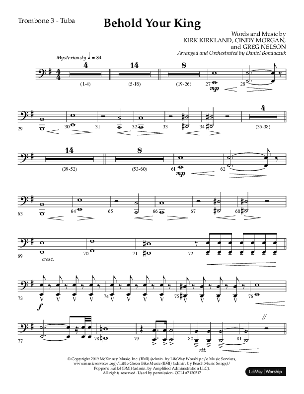 Behold Your King (Choral Anthem SATB) Trombone 3/Tuba (Lifeway Choral / Arr. Daniel Bondaczuk)