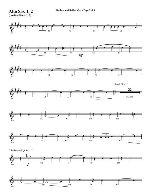 Broken And Spilled Out (Choral Anthem SATB) Alto Sax 1/2 (Word Music Choral / Arr. Marty Hamby)