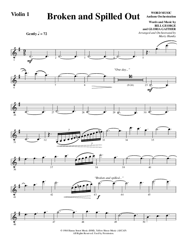 Broken And Spilled Out (Choral Anthem SATB) Violin 1 (Word Music Choral / Arr. Marty Hamby)