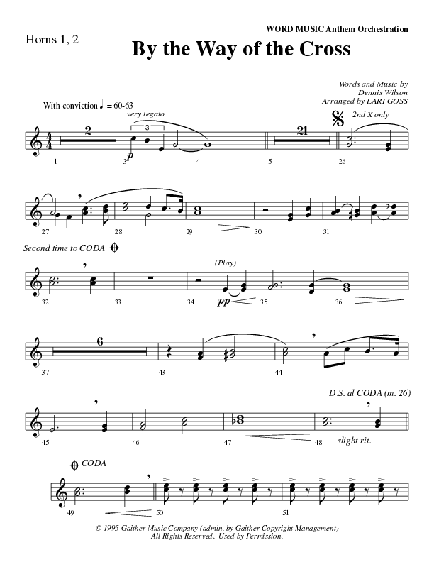 By The Way Of The Cross (Choral Anthem SATB) French Horn 1/2 (Word Music Choral / Arr. Mike Speck / Arr. Lari Goss / Arr. Danny Zaloudik)