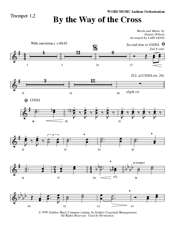 By The Way Of The Cross (Choral Anthem SATB) Trumpet 1,2 (Word Music Choral / Arr. Mike Speck / Arr. Lari Goss / Arr. Danny Zaloudik)