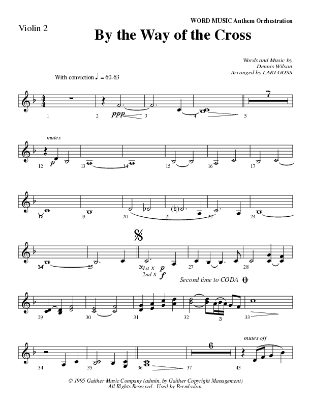 By The Way Of The Cross (Choral Anthem SATB) Violin 2 (Word Music Choral / Arr. Mike Speck / Arr. Lari Goss / Arr. Danny Zaloudik)