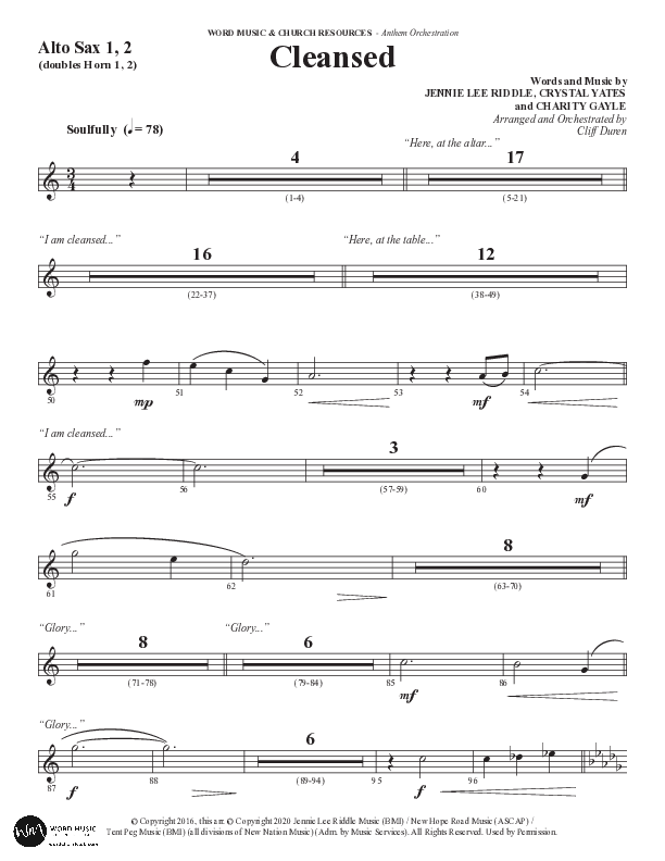 Cleansed (Choral Anthem SATB) Alto Sax 1/2 (Word Music Choral / Arr. Cliff Duren)