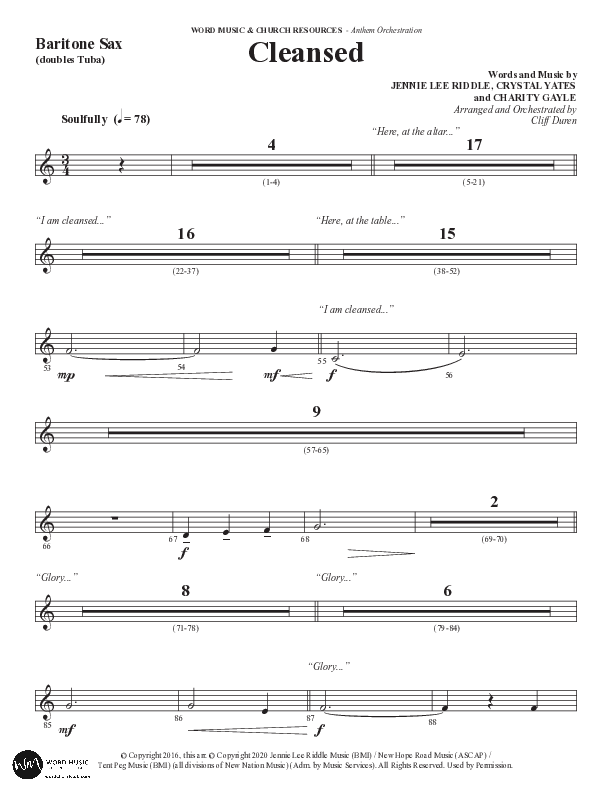 Cleansed (Choral Anthem SATB) Bari Sax (Word Music Choral / Arr. Cliff Duren)