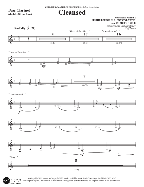 Cleansed (Choral Anthem SATB) Bass Clarinet (Word Music Choral / Arr. Cliff Duren)