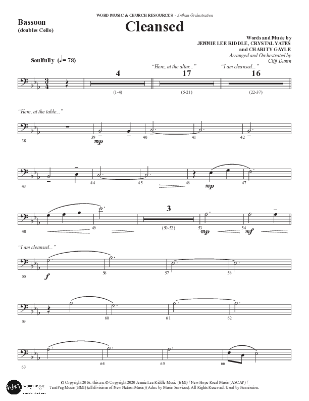 Cleansed (Choral Anthem SATB) Bassoon (Word Music Choral / Arr. Cliff Duren)