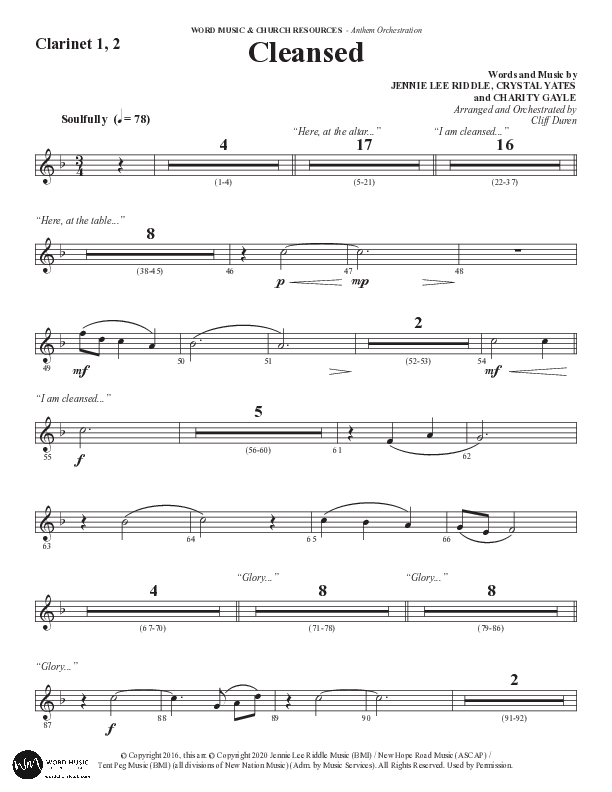 Cleansed (Choral Anthem SATB) Clarinet 1/2 (Word Music Choral / Arr. Cliff Duren)
