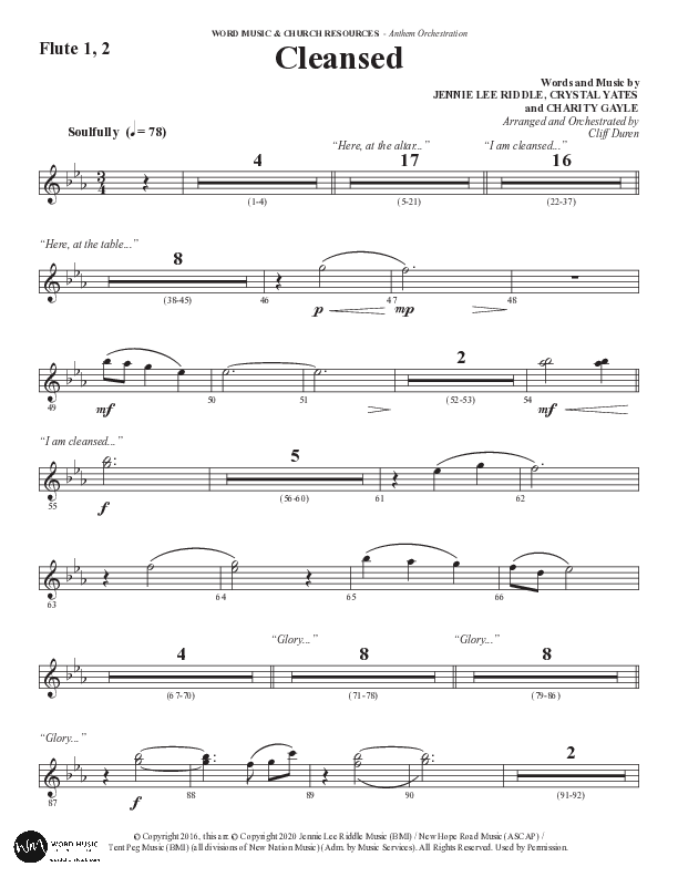 Cleansed (Choral Anthem SATB) Flute 1/2 (Word Music Choral / Arr. Cliff Duren)