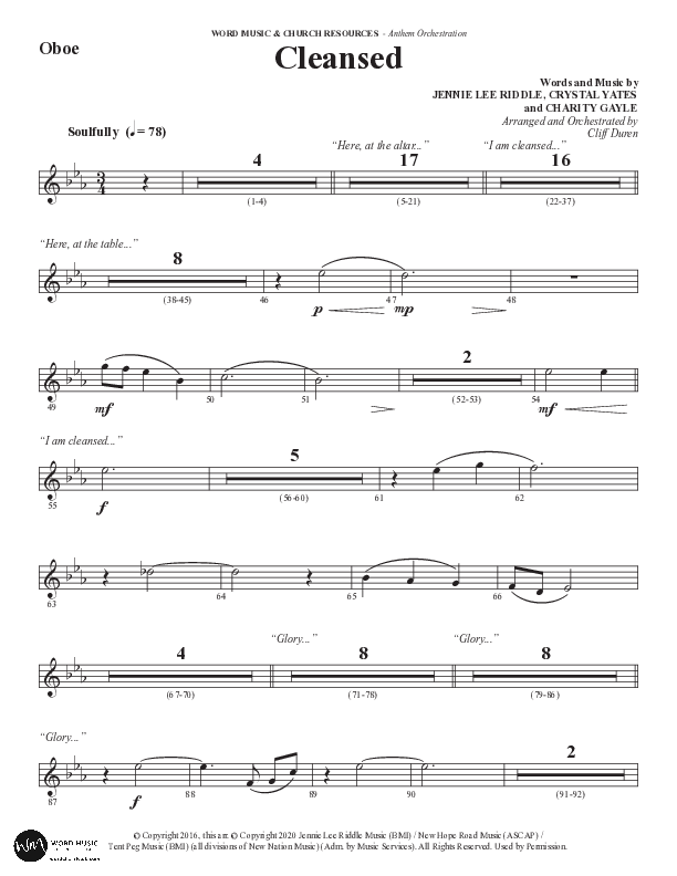 Cleansed (Choral Anthem SATB) Oboe (Word Music Choral / Arr. Cliff Duren)
