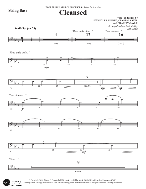 Cleansed (Choral Anthem SATB) String Bass (Word Music Choral / Arr. Cliff Duren)