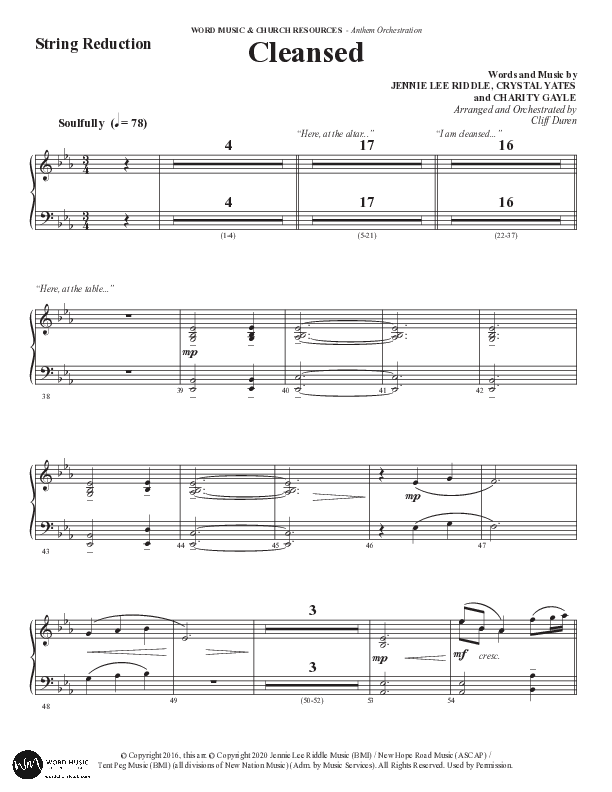 Cleansed (Choral Anthem SATB) String Reduction (Word Music Choral / Arr. Cliff Duren)