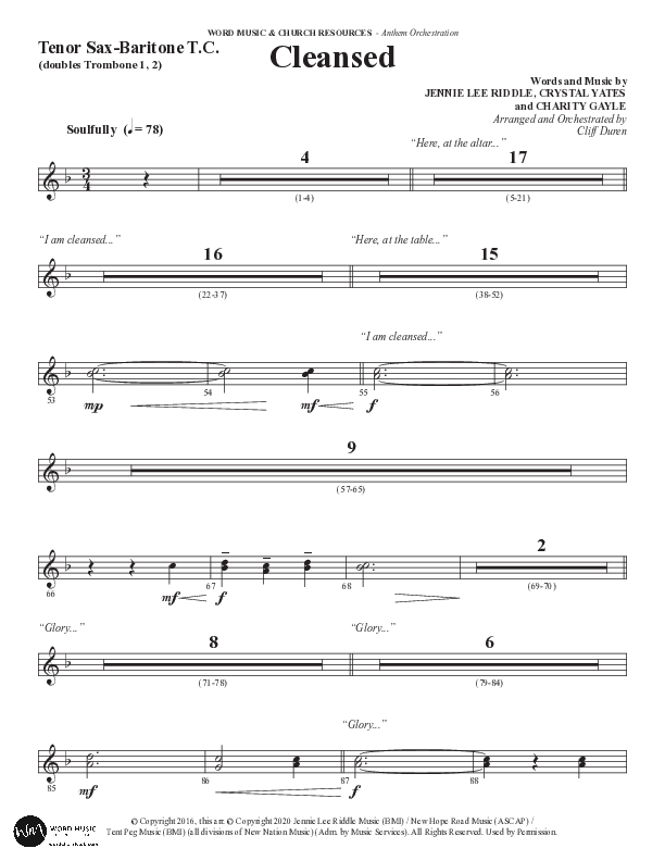 Cleansed (Choral Anthem SATB) Tenor Sax/Baritone T.C. (Word Music Choral / Arr. Cliff Duren)