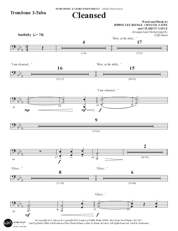 Cleansed (Choral Anthem SATB) Trombone 3/Tuba (Word Music Choral / Arr. Cliff Duren)