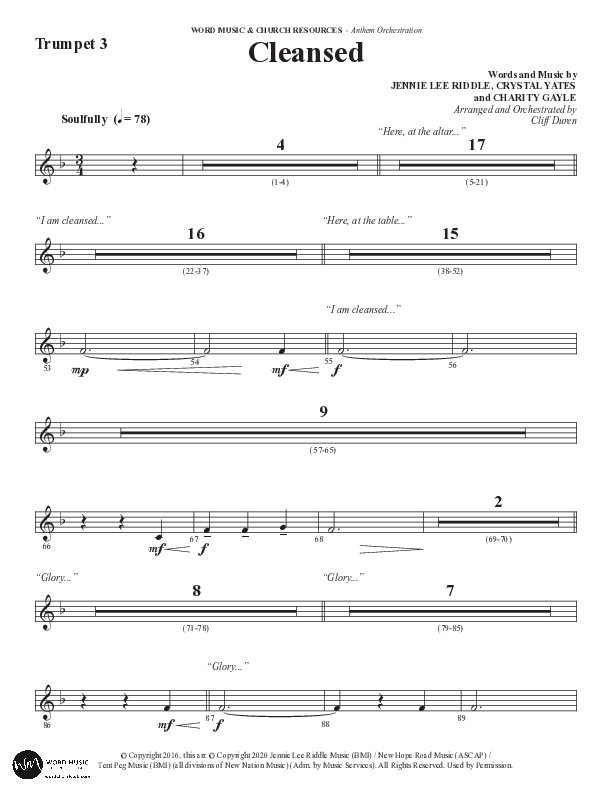 Cleansed (Choral Anthem SATB) Trumpet 3 (Word Music Choral / Arr. Cliff Duren)