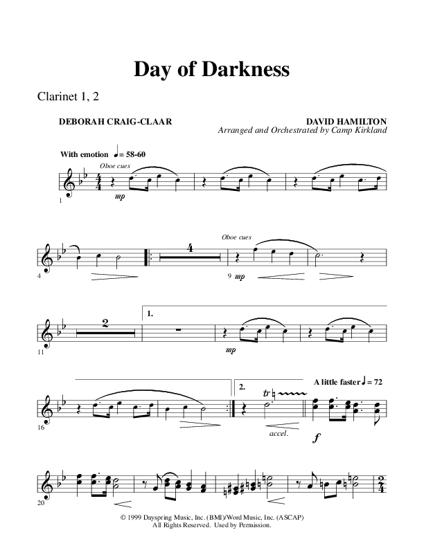 Day Of Darkness (Choral Anthem SATB) Clarinet 1/2 (Word Music Choral / Arr. Camp Kirkland)