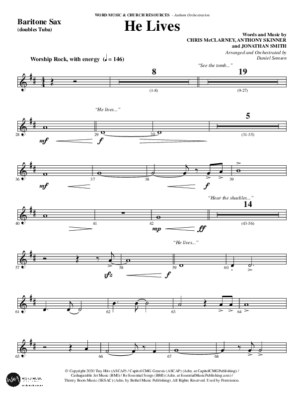 He Lives (Choral Anthem SATB) Bari Sax (Word Music Choral / Arr. Daniel Semsen)