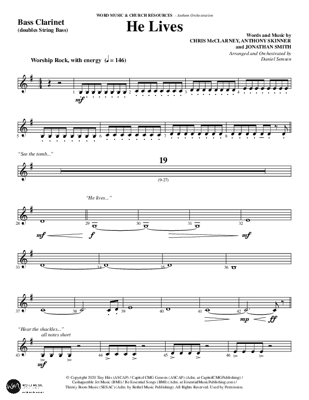 He Lives (Choral Anthem SATB) Bass Clarinet (Word Music Choral / Arr. Daniel Semsen)