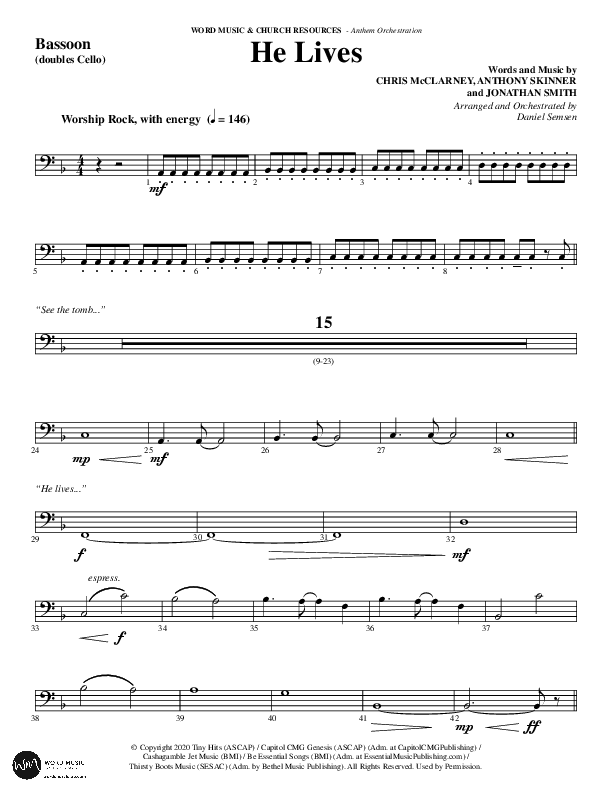 He Lives (Choral Anthem SATB) Bassoon (Word Music Choral / Arr. Daniel Semsen)
