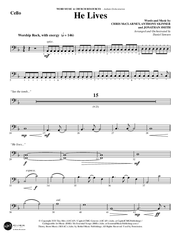 He Lives (Choral Anthem SATB) Cello (Word Music Choral / Arr. Daniel Semsen)