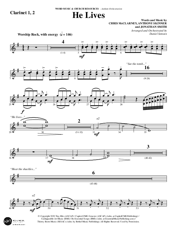 He Lives (Choral Anthem SATB) Clarinet 1/2 (Word Music Choral / Arr. Daniel Semsen)