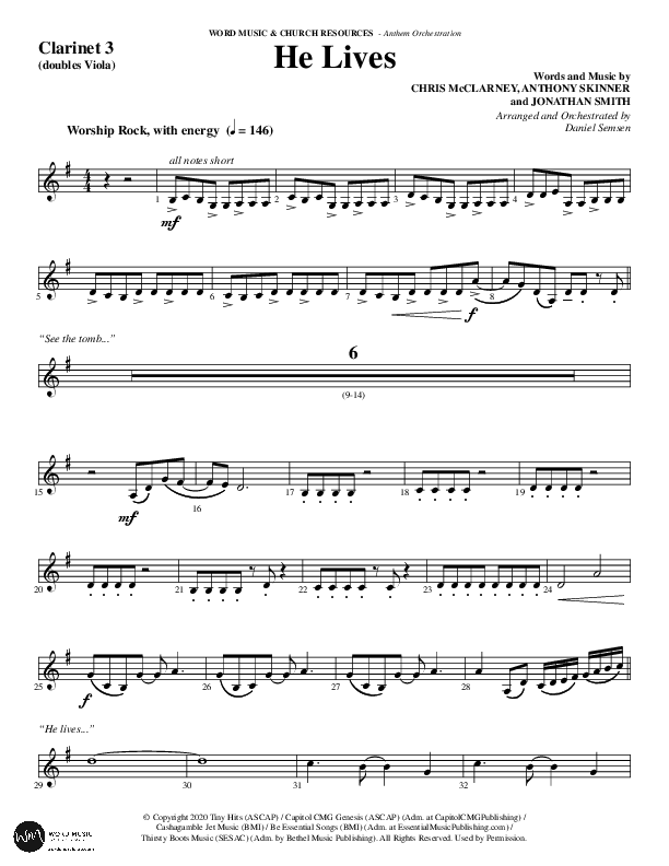 He Lives (Choral Anthem SATB) Clarinet 3 (Word Music Choral / Arr. Daniel Semsen)