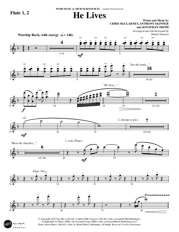 He Lives (Choral Anthem SATB) Flute 1/2 (Word Music Choral / Arr. Daniel Semsen)