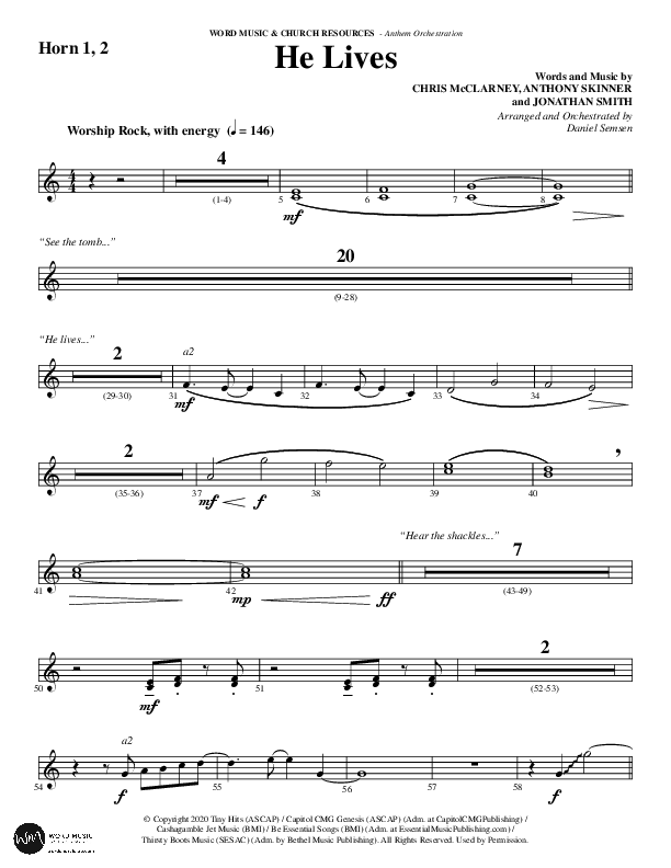 He Lives (Choral Anthem SATB) French Horn 1/2 (Word Music Choral / Arr. Daniel Semsen)