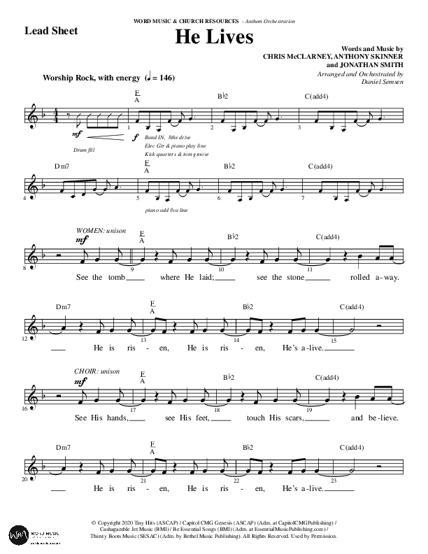 He Lives (Choral Anthem SATB) Lead Sheet (Melody) (Word Music Choral / Arr. Daniel Semsen)