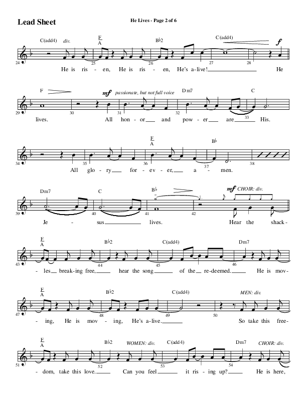 He Lives (Choral Anthem SATB) Lead Sheet (Melody) (Word Music Choral / Arr. Daniel Semsen)