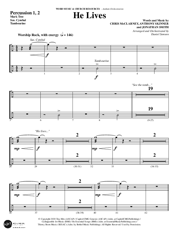 He Lives (Choral Anthem SATB) Percussion (Word Music Choral / Arr. Daniel Semsen)