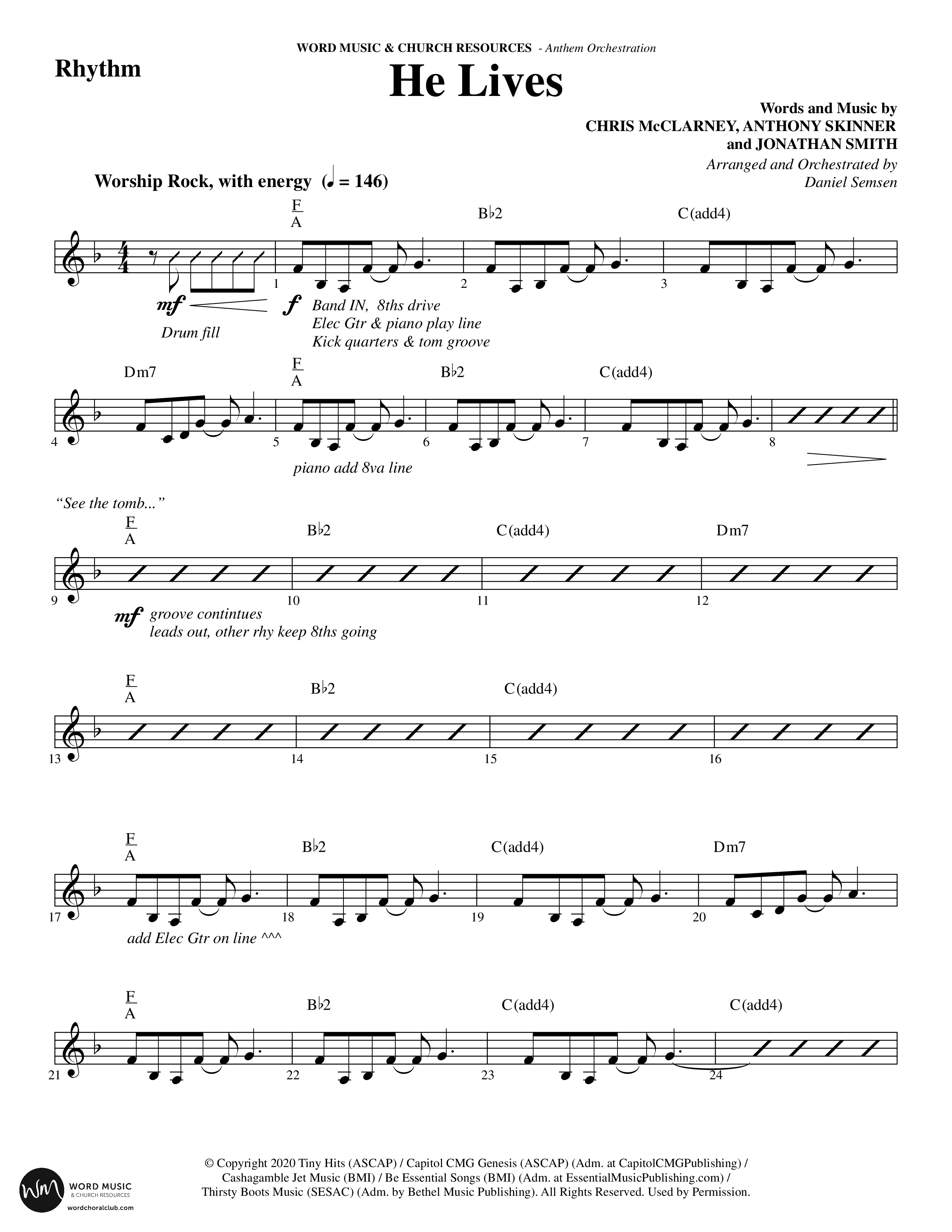 He Lives (Choral Anthem SATB) Rhythm Chart (Word Music Choral / Arr. Daniel Semsen)