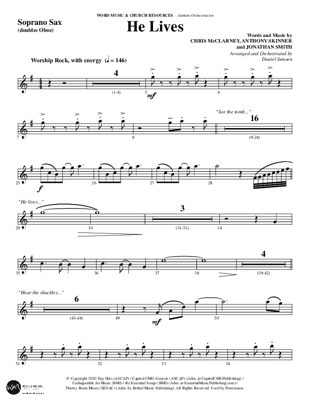 He Lives (Choral Anthem SATB) Soprano Sax (Word Music Choral / Arr. Daniel Semsen)
