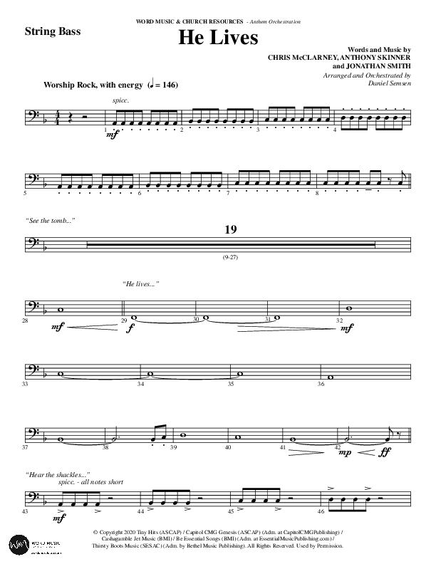 He Lives (Choral Anthem SATB) String Bass (Word Music Choral / Arr. Daniel Semsen)