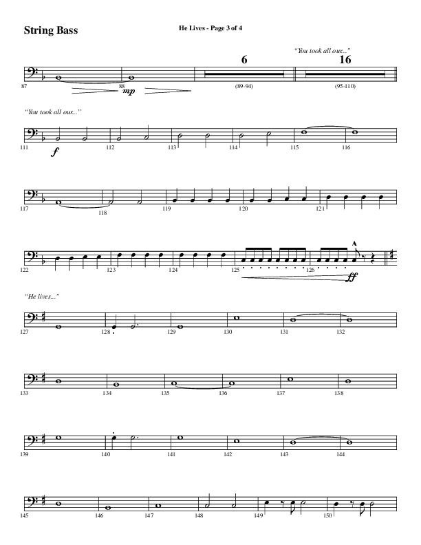 He Lives (Choral Anthem SATB) String Bass (Word Music Choral / Arr. Daniel Semsen)