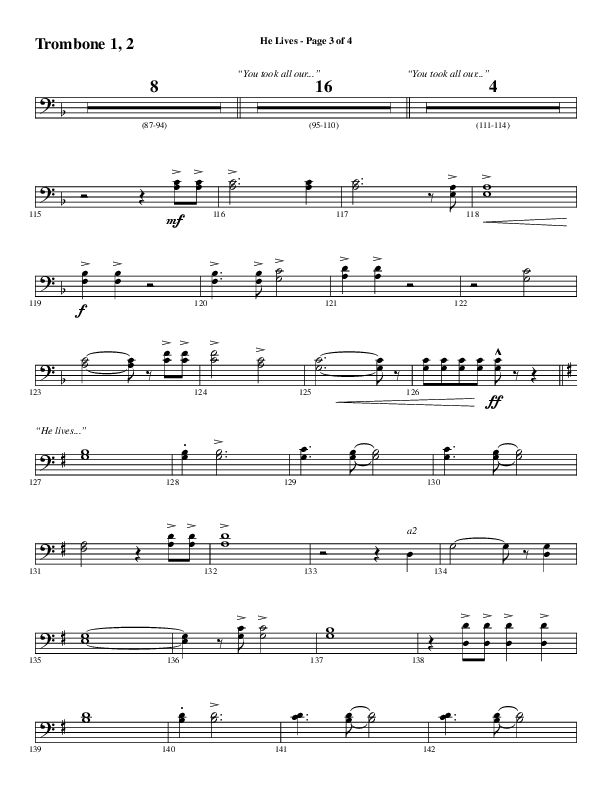 He Lives (Choral Anthem SATB) Trombone 1/2 (Word Music Choral / Arr. Daniel Semsen)