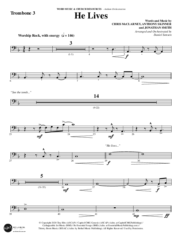 He Lives (Choral Anthem SATB) Trombone 3 (Word Music Choral / Arr. Daniel Semsen)