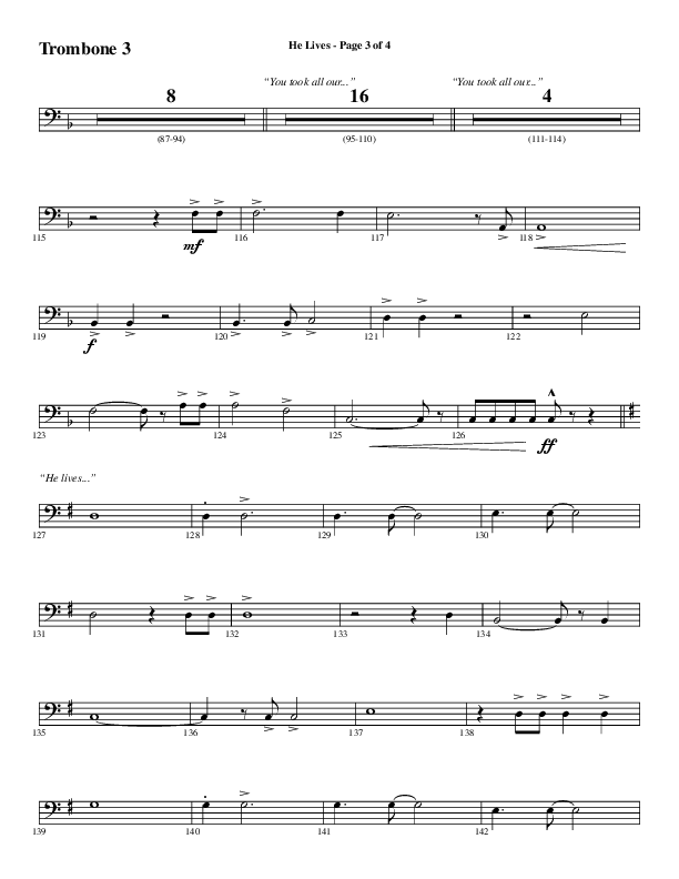 He Lives (Choral Anthem SATB) Trombone 3 (Word Music Choral / Arr. Daniel Semsen)