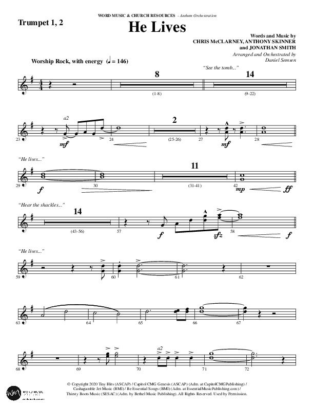 He Lives (Choral Anthem SATB) Trumpet 1,2 (Word Music Choral / Arr. Daniel Semsen)