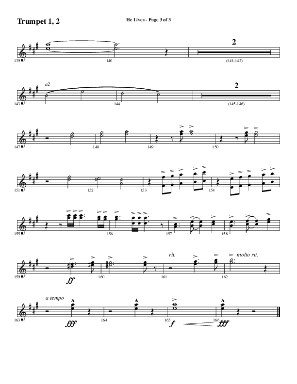 He Lives (Choral Anthem SATB) Trumpet 1,2 (Word Music Choral / Arr. Daniel Semsen)