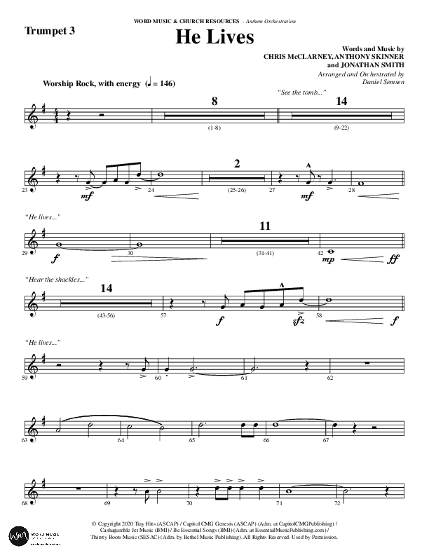 He Lives (Choral Anthem SATB) Trumpet 3 (Word Music Choral / Arr. Daniel Semsen)