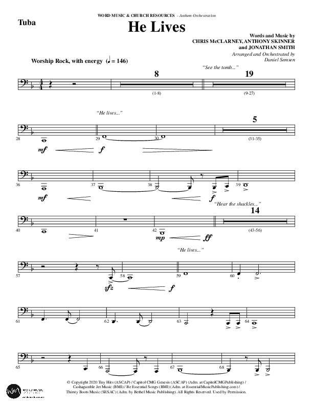 He Lives (Choral Anthem SATB) Tuba (Word Music Choral / Arr. Daniel Semsen)