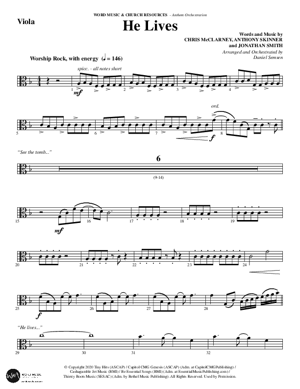 He Lives (Choral Anthem SATB) Viola (Word Music Choral / Arr. Daniel Semsen)