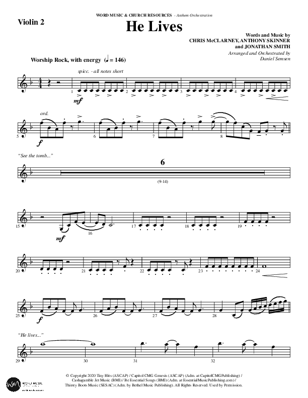 He Lives (Choral Anthem SATB) Violin 2 (Word Music Choral / Arr. Daniel Semsen)